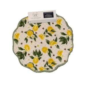 SHABBY CHIC PLACEMATS (4) LEMONS YELLOW GREEN QUILTED  15 IN 100% COTTON NWT